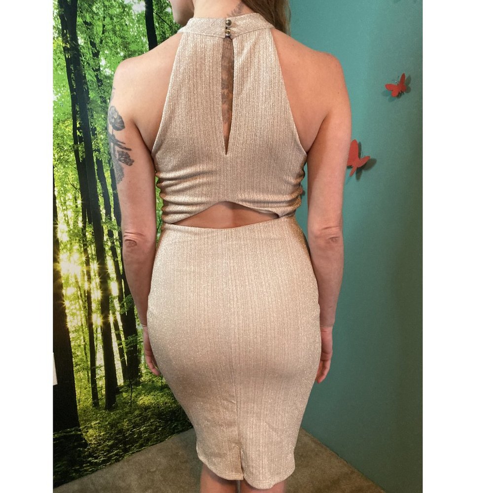 Sienna Sky High-Neck Cutout Tan & Gold Sparkly Bodycon Dress